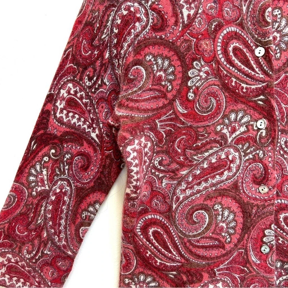 Tweeds Lambs Wool Angora Blend Red Pink Paisley 3/4 Sleeve Cardigan Size Small P